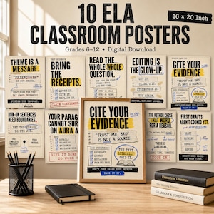以下が含まれることがあります： 16 x 20インチのELA教室用ポスター10枚セット。クリーム色の背景に黒と黄色のアクセントで教育的なテキストが書かれています。ポスターには「Cite Your Evidence」、「Editing Is The Glow-Up」、「Theme Is A Message」などのフレーズが含まれています。