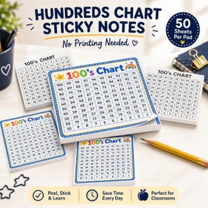 Hundreds Chart Sticky Notes for Teachers, 50-Sheet 3x3 or 4x4 Math Pad, Ready-to-Use Student Number Chart