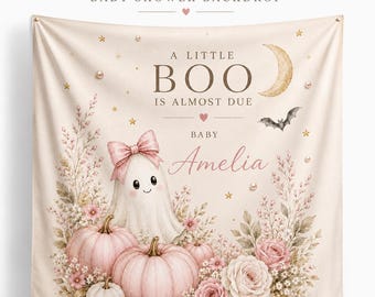 Pink Ghost Baby Shower Backdrop, Personalized Little Boo Is Almost Due Banner, Girl Halloween Baby Shower Decorations