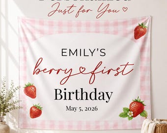 Personalized Berry First Birthday Backdrop, Strawberry First Birthday Banner, Pink Gingham Party Photo Backdrop, One Sweet Berry Decor