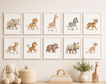 Safari Kinderzimmer Set, 10 Baby Tiere Aquarell Drucke (Instant Download)