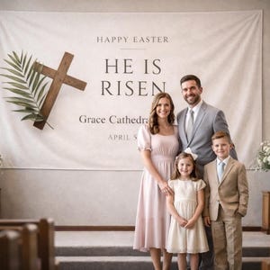 He Is Risen Easter Fabric Backdrop, Personalized Church Decor, Neutral Cross Palm Design
