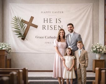 He Is Risen Easter Fabric Backdrop, Personalized Church Decor, Neutral Cross Palm Design