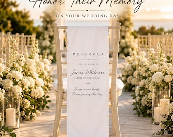 Personalisierte Hochzeit-Gedenkstuhl-Drapierung, Gedenkstuhl-Schild, reserviertes Banner für die Liebsten, Zeremonien-Tribut, Hochzeits-Gang-Dekor