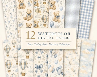 Blue Teddy Bear Digital Paper Pack, Watercolor Baby Boy Scrapbook Patterns for Nursery, Baby Shower and First Birthday Designs