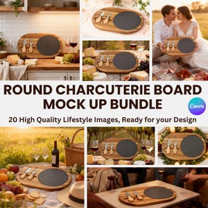 May include: A collection of lifestyle images showcasing a round charcuterie board. The board is made of wood and features a dark gray slate insert. Each board includes cheese knives and forks. The text on the image reads "ROUND CHARCUTERIE BOARD MOCK UP BUNDLE".