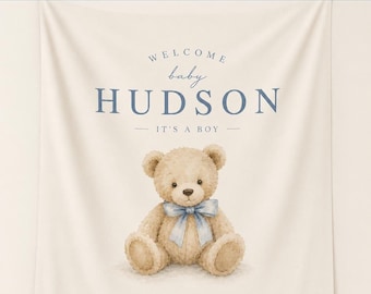 We Can Bearly Wait baby shower backdrop, teddy bear theme, personalized name, blue boy decor