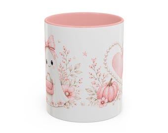 Cute Pink Ghost and Hearts Mug | Accent Coffee Mug