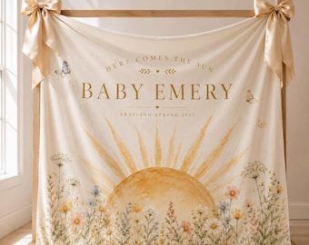 Here Comes the Sun or Here Comes the Son Baby Shower Backdrop, Neutral Colors, Wildflowers (Custom Name)