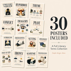 May include: A collection of 30 educational posters featuring literary terms like Unreliable Narrator, Hyperbole, Theme, Conflict, Imagery, Plot, Symbolism, Foreshadowing, Setting, Dialogue, Point of View, Irony, Suspense, and Personification with illustrations.