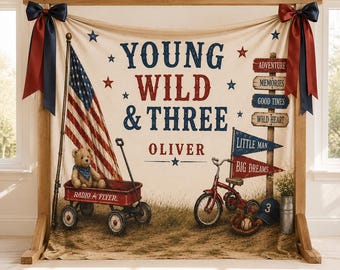 Personalized Young Wild & Three Birthday Backdrop, Americana 3rd Birthday Tapestry, Vintage Patriotic Party Banner, Custom Birthday Decor