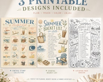 "Vintage Sommer Bucket List zum ausdrucken, sofortiger Download, Retro Stempelkunst, 20 lustige Aktivitäten, Größe Letter & A4, PDF (Instant Download)"