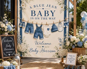 Blue Jean Baby Shower Backdrop, Personalized Baby Shower Tapestry, Denim Baby Welcome Sign, Blue Jean Baby Decor