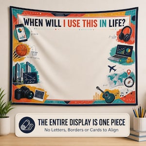 May include: A rectangular wall tapestry featuring the text "WHEN WILL I USE THIS IN LIFE?" at the top. The design includes illustrations of a smartphone, basketball, city buildings, camera, headphones, laptop, airplane, world map, and guitar.
