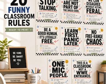 Funny Middle School Classroom Rules Posters, Printable Teacher Decor Set, 20 Behavior Expectation Signs for Grades 5+