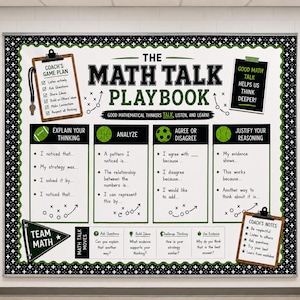 May include: A classroom bulletin board titled The Math Talk Playbook with a black and white cross pattern border. It features sections for Explain Your Thinking, Analyze, Agree or Disagree, and Justify Your Reasoning, with clipboard graphics.