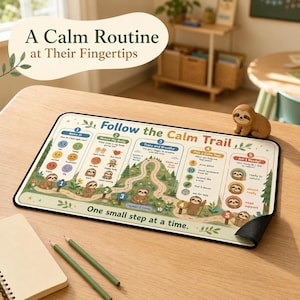 May include: A rectangular desk mat featuring a Follow the Calm Trail guide with sloth illustrations, numbered steps, and emotional regulation prompts. The mat includes text such as Name It, Notice My Body, Trace and Breathe, and One small step at a time.