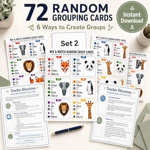 May include: A set of 72 random grouping cards featuring animal illustrations, colors, shapes, and symbols. The cards include teacher direction sheets with instructions for mix and match activities. The text reads 72 Random Grouping Cards, Set 2, and Instant Download.