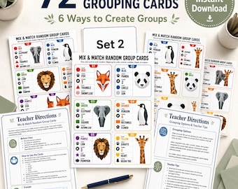 72 Random Grouping Cards for Teachers, Printable Classroom Group Maker, Mix & Match Student Groups, Instant Download