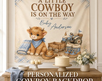 Personalized Cowboy Baby Shower Backdrop, Highland Cow Boy Tapestry, A Little Cowboy Is on the Way Party Decor