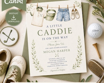 Golf Baby Shower Canva Bundle, Invitation, Editable Baby Shower Games & Signs