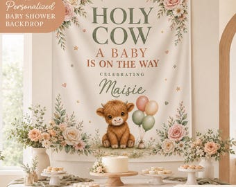 Personalized Highland Cow Baby Shower Backdrop, Holy Cow Baby Is on the Way Floral Fabric Tapestry, Girl Shower Photo Decor