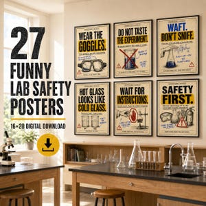Roliga säkerhetsposters för NO-lärare | 27-delade klassrumsdekorationer, 16x20 (eller 8x10), digital nedladdning som eleverna faktiskt kommer att läsa