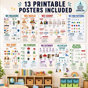 Peut inclure: Un ensemble de 13 affiches éducatives présentant des concepts mathématiques tels que la mesure, la construction, le comptage, les motifs, le tri, la comparaison, l'estimation, l'explication et la résolution de problèmes avec des illustrations.