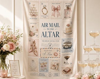Vintage Stamp Bridal Shower Backdrop Tapestry, air mail to the altar theme, pastel blush blue, photo booth decor, banner backdrop