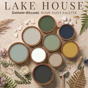 May include: A collection of paint cans in various colors, arranged in a circular pattern. The image features the text "LAKE HOUSE" and "Sherwin-Williams. HOME PAINT PALETTE". Decorative elements include flowers and foliage.