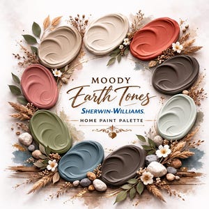 Könnte beinhalten: Eine kreisförmige Anordnung von Farbmustern in verschiedenen Erdtönen, darunter Beige, Weiß und Terrakotta. Die Worte "Moody Earth Tones" und "Sherwin-Williams Home Paint Palette" sind zu sehen. Das Design ist mit Blättern und kleinen Steinen verziert.