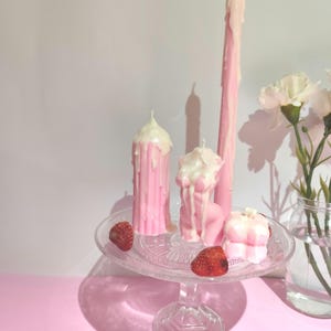Pack of handmade Strawberry and Cream scented candles. Drip cake decorative candles. Woman torso candle. Pillar candle. Ribbed candle. Bubble candle. Handmade.