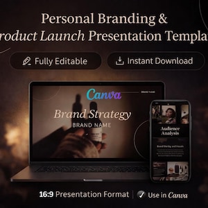 Può includere: Un laptop e uno smartphone mostrano un modello di presentazione per il personal branding e il lancio di prodotti. Lo schermo del laptop mostra "Brand Strategy" con il logo Canva. Il telefono mostra "Audience Analysis".