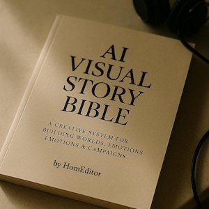 Könnte beinhalten: Ein Buch mit dem Titel "AI Visual Story Bible" mit schwarzem Text auf einem beigefarbenen Einband. Der Untertitel des Buches lautet "A Creative System for Building Worlds, Emotions & Campaigns" von HomEditor. Schwarze Kopfhörer sind im Hintergrund.