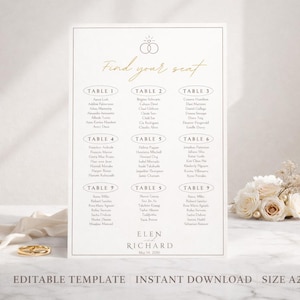 Può includere: Un tableau di nozze color crema con testo dorato. Le parole "Find your seat" sono in alto, con i nomi degli invitati elencati sotto i numeri dei tavoli. La parte inferiore del grafico riporta i nomi "Elen & Richard" e la data.