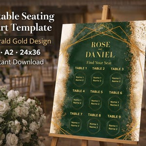 May include: Emerald and gold wedding seating chart template on an easel. The chart features the names "Rose and Daniel" and table assignments. The text "Editable Seating Chart Template" is at the top. The dimensions are 24x36 inches.