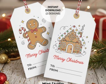 Puede incluir: Dos etiquetas de regalo blancas con ilustraciones festivas. Una presenta un hombre de jengibre con un bastón de caramelo, la otra una casa de jengibre. Ambas dicen "Merry Christmas" y tienen líneas "To:" y "From:". El texto "Instant Download (2 Designs)" también es visible.