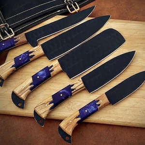 Custom Hand-Forged Damascus Steel Chef Knife Set – Professional Kitchen Knives with Full-Tang Blades & Leather Roll Bag