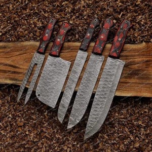 Hand Forged Damascus Steel Chef Knife Set: Rosewood Handle, Leather Sheath