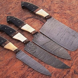 4-Piece Handmade Damascus Steel Chef Knife Set – Custom Kitchen Knives with Premium Wood Handles – Ideal Gift for Chefs & Food Lovers