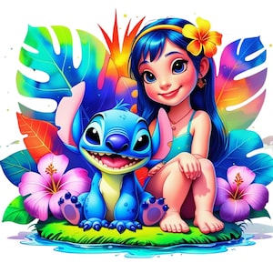 Lilo Stitch Summer PNG | Watercolor Splash Clipart | Floral Rainbow Aesthetic | Cute Cartoon 300 DPI Digital Download
