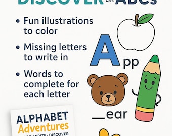 May include: Educational workbook titled "Alphabet Adventures" with colourful illustrations. Features the text "Color, Write & Discover the ABCs." Includes an apple, a bear, a pencil, and a flower. The letter "A" is highlighted.