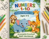 Preschool Numbers 1-10 Printable Workbook, Animal Counting & Tracing Activities, Kindergarten Math Worksheets, Ages 3-5