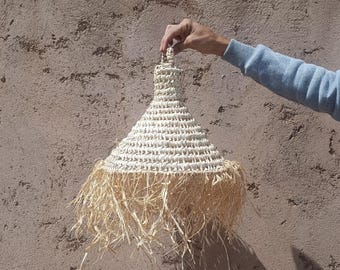 Lámpara colgante de parasol calado de fibra natural, estilo bohemio, de paja.