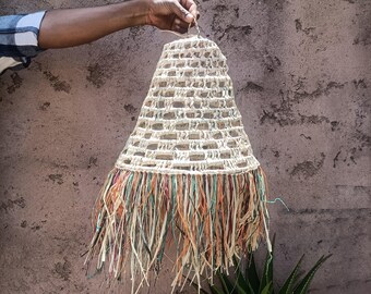 Lámpara colgante de parasol calado de fibra natural, estilo bohemio, de paja.