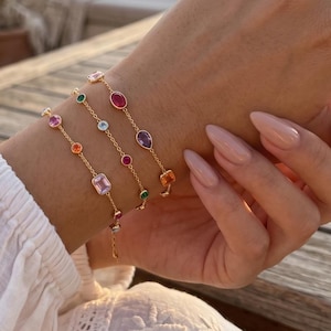 Colorful Gemstone Gold Bracelet Women • Dainty Rainbow Crystal Bracelet • 18K Gold Waterproof • Stackable Bracelet • Birthday Gift for Her