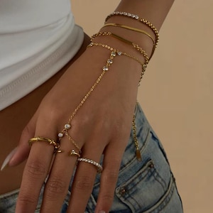 Set di bracciale e anello in oro 18 carati, acciaio inossidabile impermeabile impilabile, regalo per lei, bracciale con catena a mano, bracciale per donna, regalo di compleanno