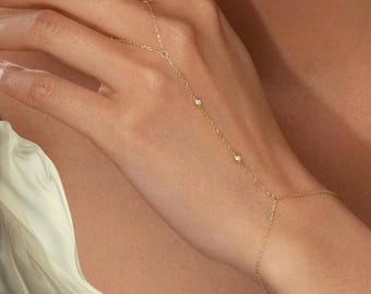 Dainty Hand Chain Bracelet, 14K Gold Plated CZ Ring Bracelet, Elegant Gift for Her, Bracelet for Women, Wedding, Gift for Her, Birthday Gift