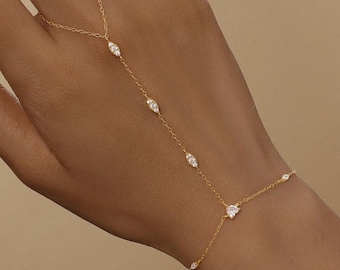 Bracciale a catena da mano in argento sterling 925, elegante bracciale da dito per donna, gioiello boho per matrimonio, regalo di anniversario, bracciale oro e argento