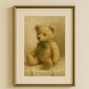 Retrato de osito nostálgico / Arte de pared neutro para habitación infantil / Impresión de oso estilo vintage / Descarga digital / 5 tamaños